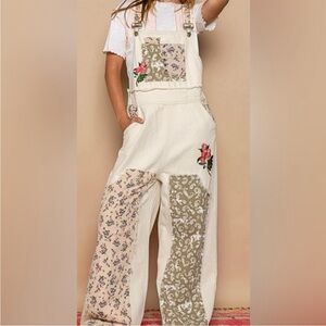 POL Cream Overalls with Olive Paisley and Floral Trim Throughout